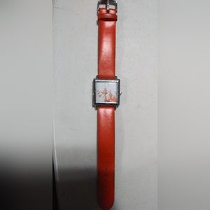Women's Montres Carlo wrist watch. Leather orange 8 inch band. Works w/new batt